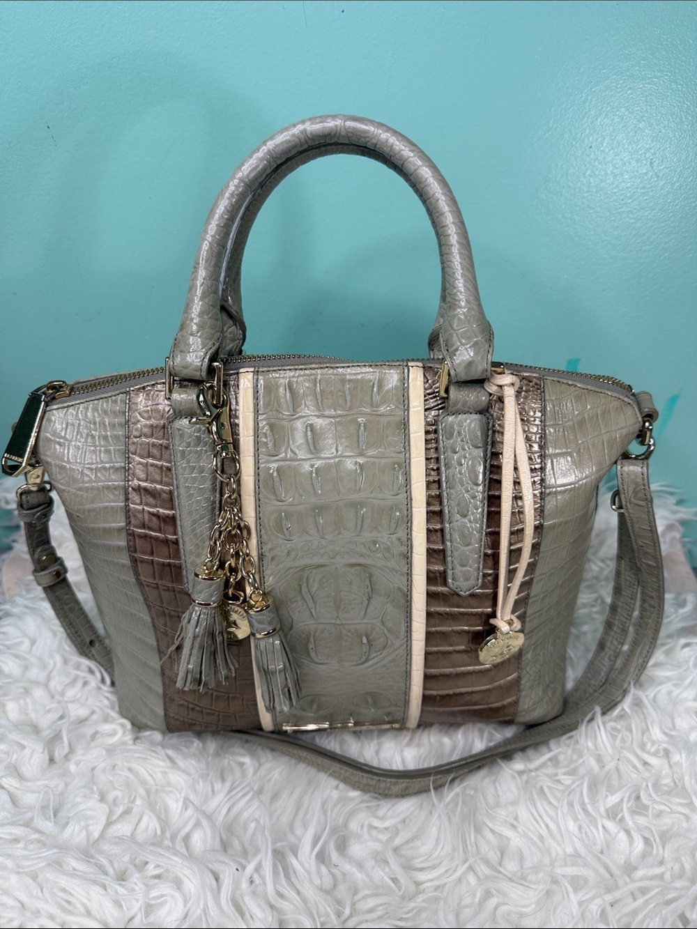 Brahmin Small Duxbury Croc-Embossed Satchel Handbag in Taupe and Brown Set